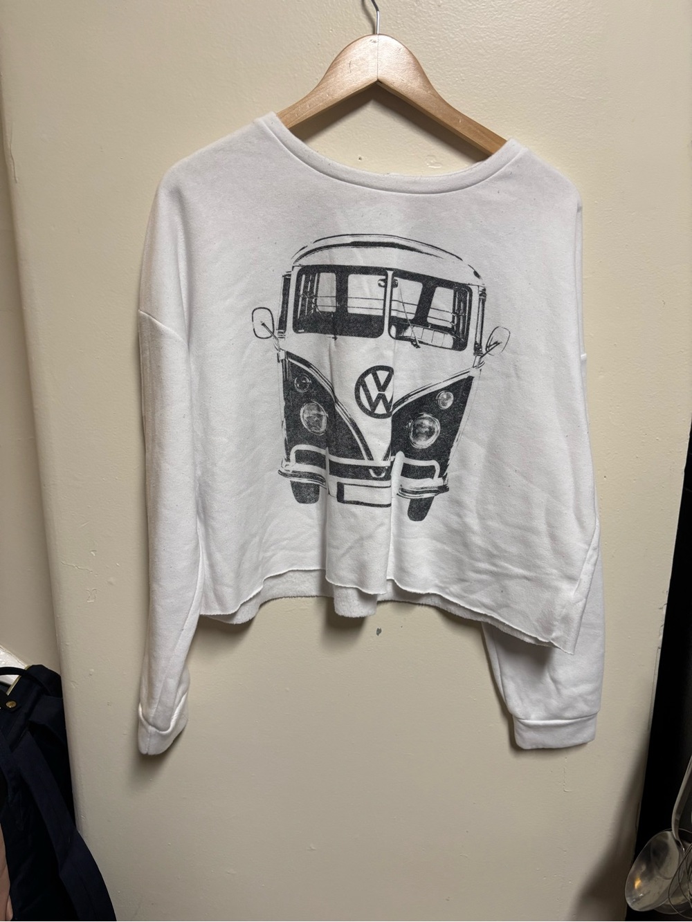 Cropped White Graphic Crewneck Sweater with VW Bus Print